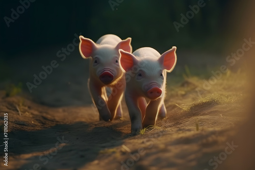 Ecological pigs and piglets at the domestic farm, Pigs at factory. Neural network AI generated art