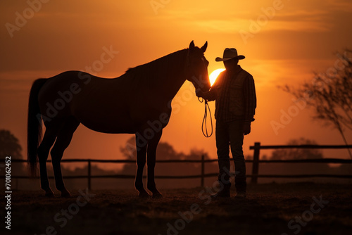 Silhouettes of a man and a horse in a countryside field during sunset photo