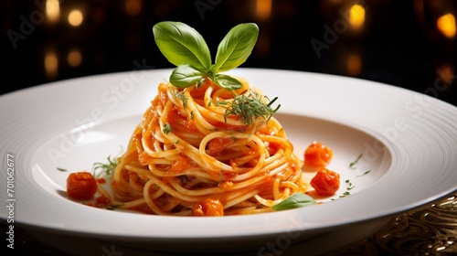 a gourmet capellini dish, its delicate pasta and flavorful sauce elegantly presented on a pristine white plate, promising a light and delicious culinary experience.