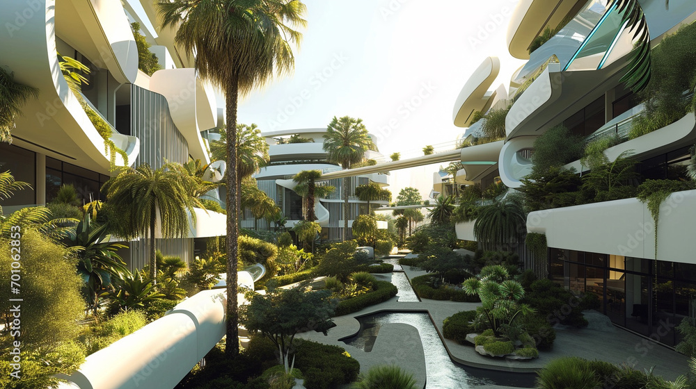 Residential zone designed to prioritise solar energy and natural cooling, AI Generated