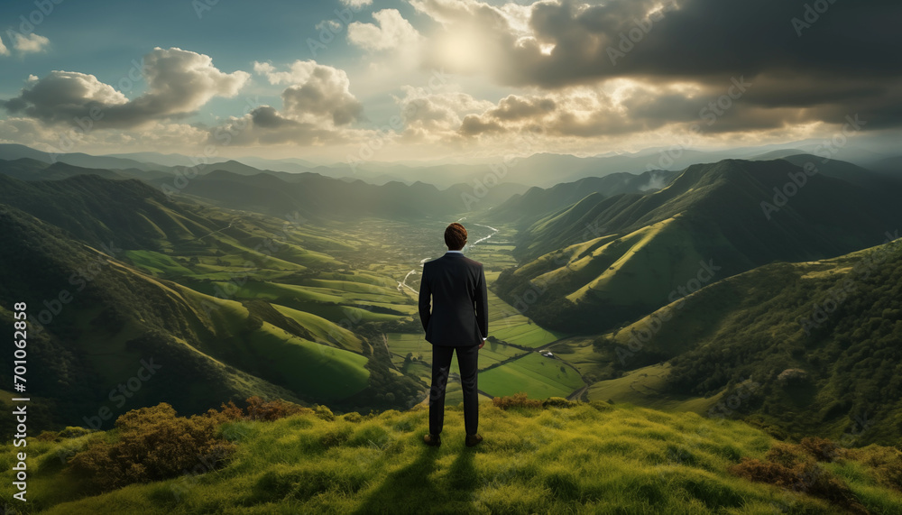 Business man in dark suite standing on green grass in the mountains looking into a scenic valley with light rays and dramatic clouds. Concept of new frontiers and success. 