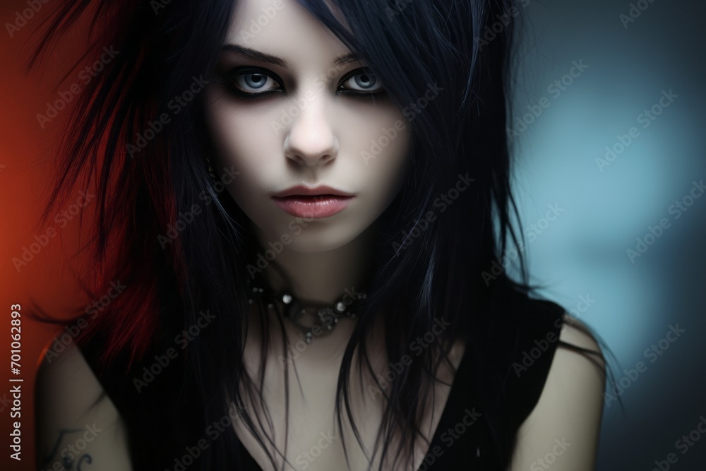 emo girl, portrait of a young lady with bright eye makeup. close-up of the face. youth subculture, fans of musical trends.