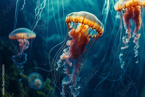a luminous jellyfish in its natural habitat. sea or ocean, underwater life, marine background. © MaskaRad