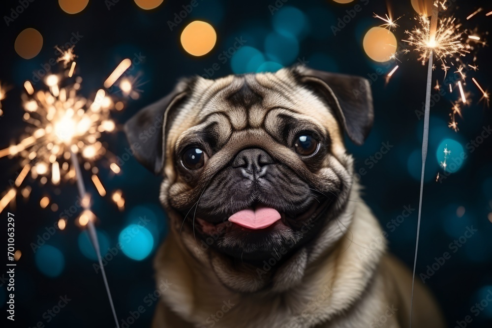 A pug dog and sparklers on a festive background. Christmas atmosphere and pet portrait. funny face.