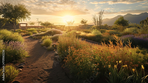 Sunset over native plant community garden, AI Generated