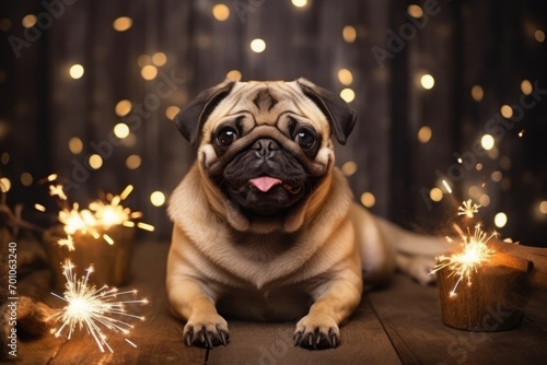 A pug dog, a funny portrait of a pet on a festive background with a side. the atmosphere of Christmas, New Year and sparklers.