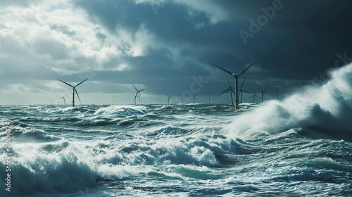 Tidal power turbines in the ocean during storm, AI Generated