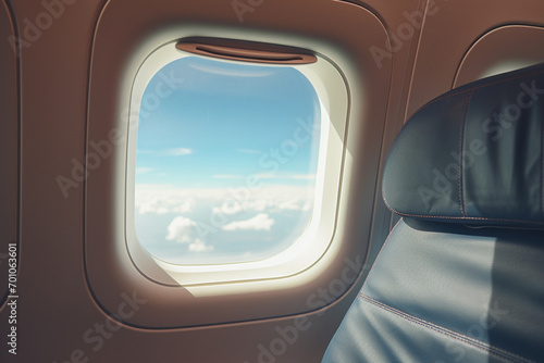 Comfortable airplane seats and a view of the blue sky and clouds