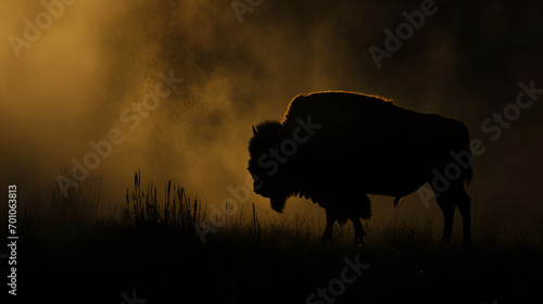 silhouette of a bison with mist in the background © Chandler