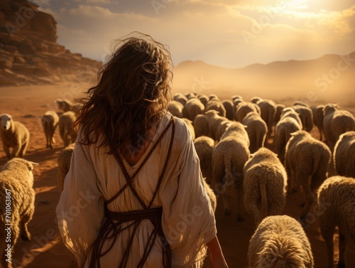 Beautiful Middle Eastern Woman Herding Goats and Sheep in the Field. A Shepherd Woman in the Pasture