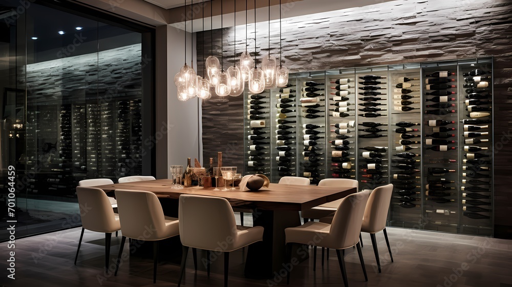 Modern luxury dining space with a sleek glass table, designer chairs, and a floor-to-ceiling wine wall as a focal point