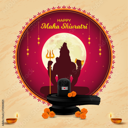 Happy Maha Shivratri. Shivling, Lingam, Moon, Trident and Mandala. Traditional Hindu Festival Poster Banner Design Template Vector Illustration. Square Social media post, promotion, greeting graphic