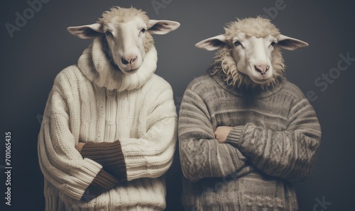 Two people with human body and sheep head in wool sweater standing with crossed arms, beautiful, funny, original satirical illustration, Think outside the flock, act different, don't follow the group photo