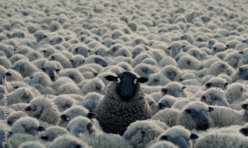 Funny cartoon flock of sheep with a single black sheep whose head sticks out, stands out from the crowd, different from the pack, with fun face, ironic or absurd humour, social norms satire picture photo