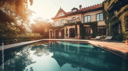 Swimming pool in the garden with sunlight at sunset, vintage tone photo
