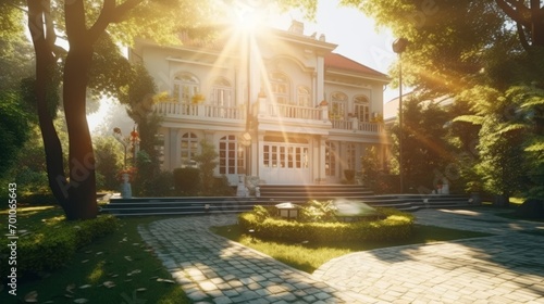 Beautiful old house in the park at sunset. 3d rendering