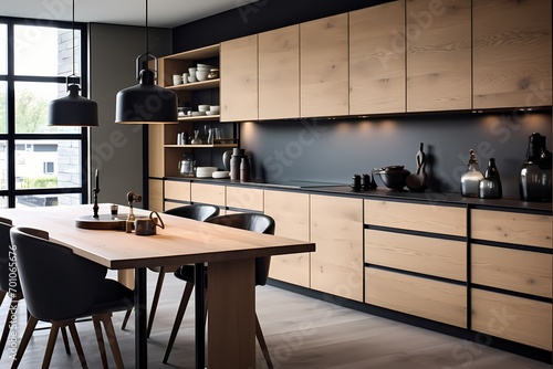 Modern mid-century Copenhagen kitchen, blending functional design with elegant aesthetics and organic materials