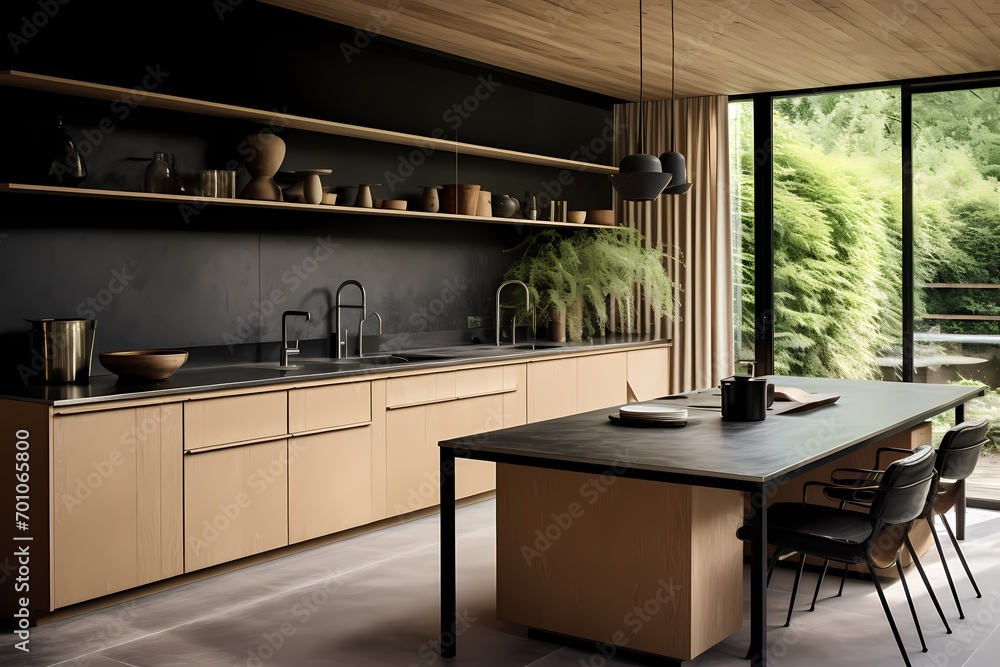 Modern mid-century Copenhagen kitchen, blending functional design with elegant aesthetics and organic materials