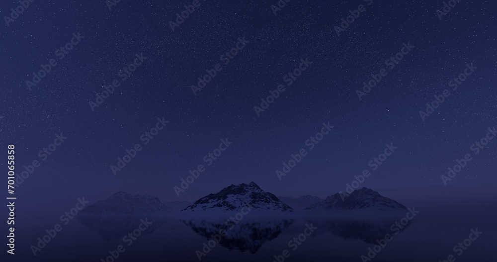 Mountains in winter starry night. Milky way. 3D rendering.