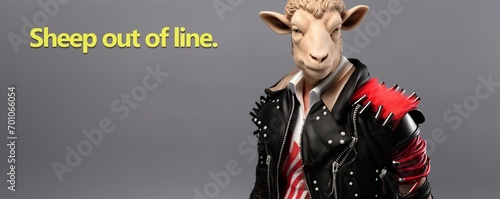 Humor sign banner with funny English message representing fun punk sheep character standing out from the crowd, animal rocker, rebel, maverick, marginal outsider out of the flock, out of line tagline photo
