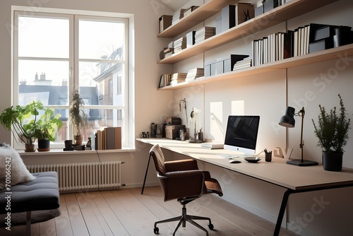 Modern mid-century home office in Copenhagen with a sleek desk, comfortable seating, and a focus on productivity