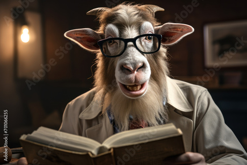 A goat wearing glasses and reading a "How to Be Funny" book, preparing for a comedy night on the farm. Generative Ai. © Sebastian