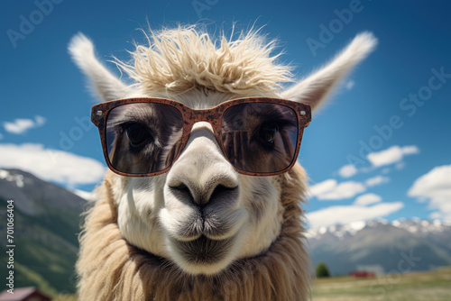A llama wearing sunglasses and delivering punchlines, transforming a quiet pasture into a comedy pasture. Generative Ai.
