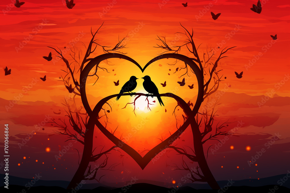 Silhouette of two birds in heart shape, sunrise background. Valentines day background