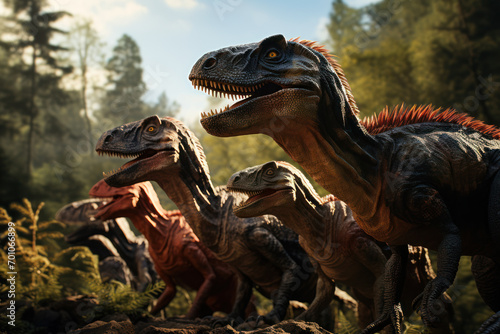 A diorama featuring a pack of velociraptors in a hunting scene, illustrating the behavior and social dynamics of these iconic dinosaurs. Generative Ai.