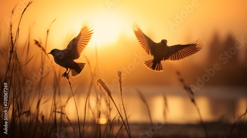  a sunlit meadow, their silhouettes against the golden hues of the setting sun, capturing the ethereal beauty of their movements, blending seamlessly with the tranquility of the evening.