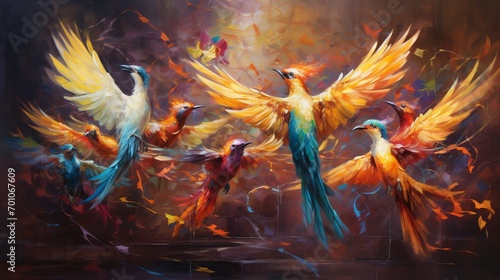 a playful dance, their joyful movements and vibrant plumage creating a lively and dynamic scene, capturing the exuberance of avian life in a moment of shared celebration.