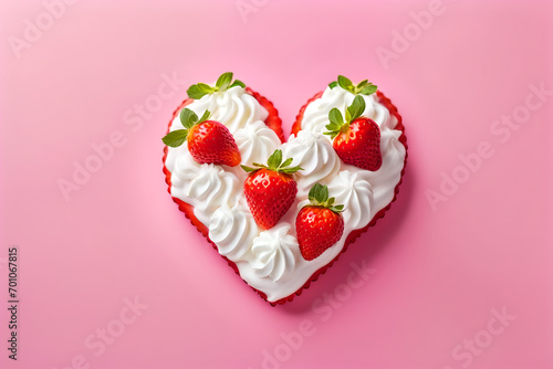 Heart-shaped cake with strawberry with Chantilly creme. Gourmet background hearts for lovers - Mother's day. Background card. Banner- Valentine days. pastel pink Background. Copy-space