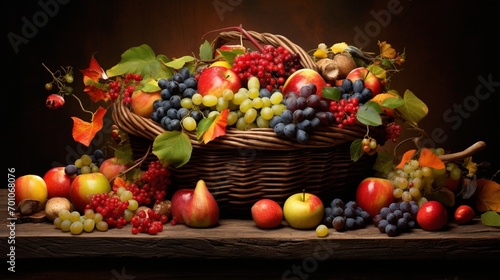 a rustic basket filled with an assortment of ripe fruits  their vivid shades and natural shine creating a captivating image of abundance and health  highlighting the allure of fresh produce.