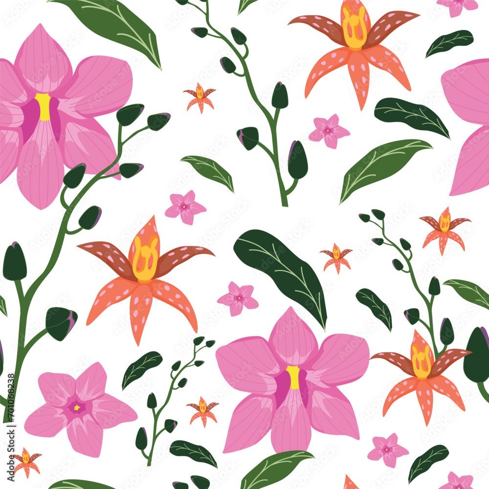 Vector seamless floral pattern with orchid flowers. Hand-drawn surface    pattern illustration decorative background