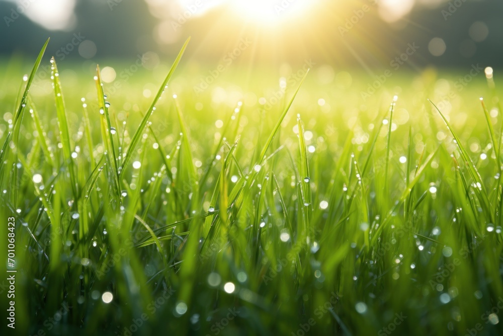 Sun-kissed dewdrops cling to vibrant green blades, a testament to the morning's Fresh Start concept.