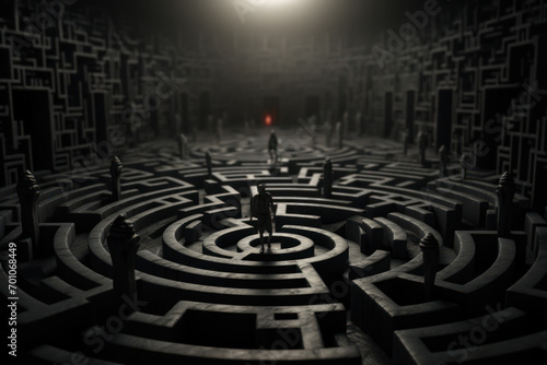 A labyrinth of twisted corridors in the mind, each turn leading deeper into the maze of unresolved fears and haunting memories. Concept of psychological complexity. Generative Ai.