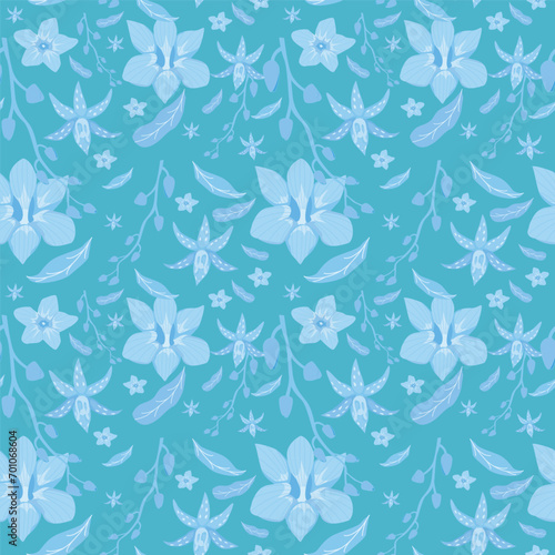 Vector seamless floral pattern with orchid flowers. Hand-drawn surface    pattern illustration decorative background