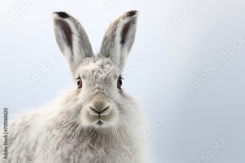 Mountain Hare close-up portrait on a white background. photo