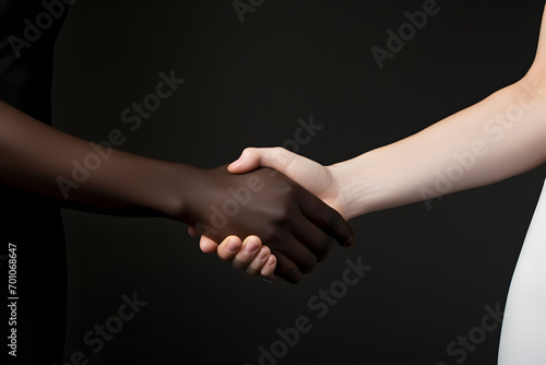 two diverse people shaking hands, people with different skin tones shaking hands, no racism, together