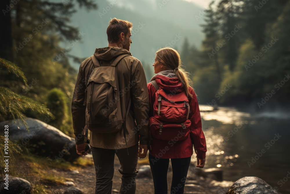 An outdoor adventure where a couple explores nature hand in hand, embracing the spontaneity of shared exploration. Concept of adventurous togetherness. Generative Ai.