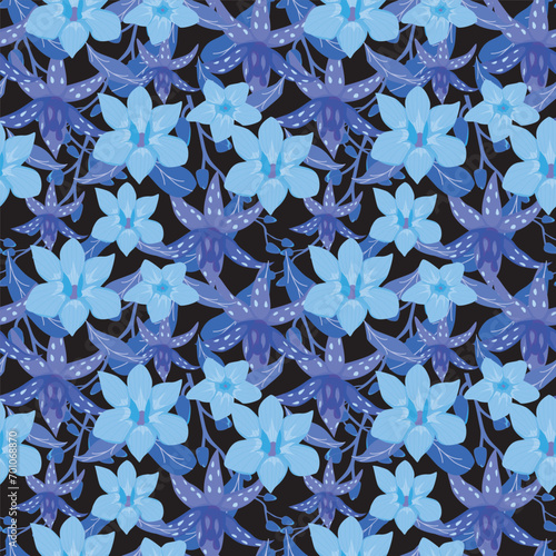Vector seamless floral pattern with orchid flowers. Hand-drawn surface    pattern illustration decorative background