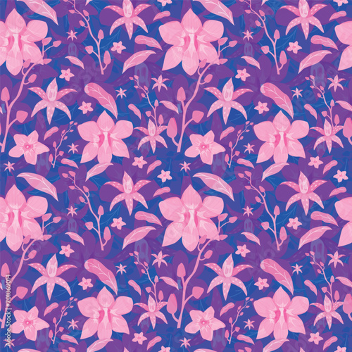 Vector seamless floral pattern with orchid flowers. Hand-drawn surface    pattern illustration decorative background