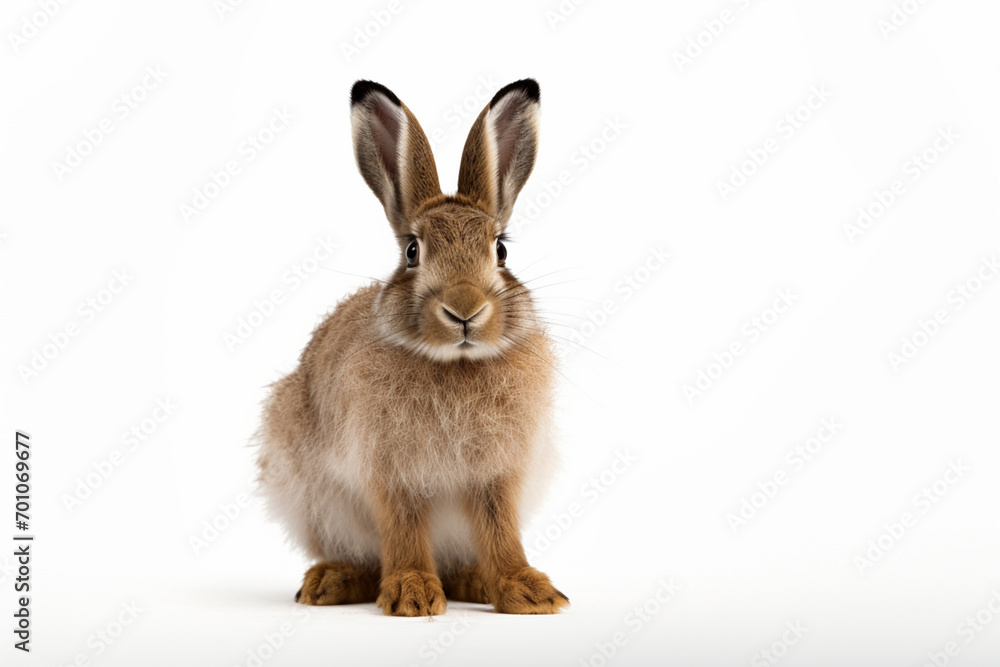 Snowshoe Hare sitting up on a white background. Animal front portrait.