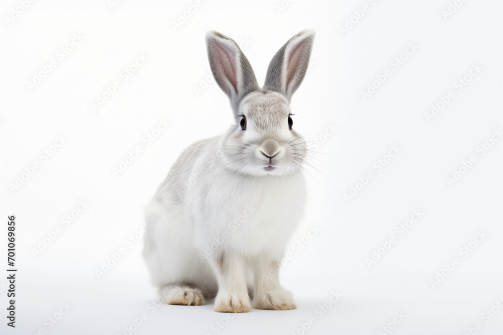 White Rabbit sitting up on a white background. Animal front portrait. White Rabbit sitting up on a white background. Animal front portrait.