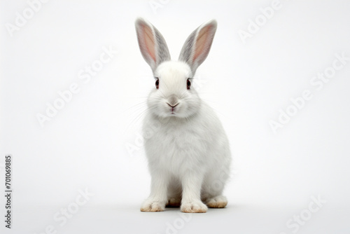 White Rabbit sitting up on a white background. Animal front portrait. photo