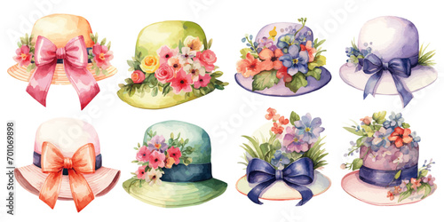 set of Easter Bonnet flowers with hats vectors