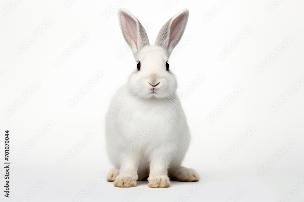 Fototapeta premium White Rabbit sitting up on a white background. Animal front portrait.