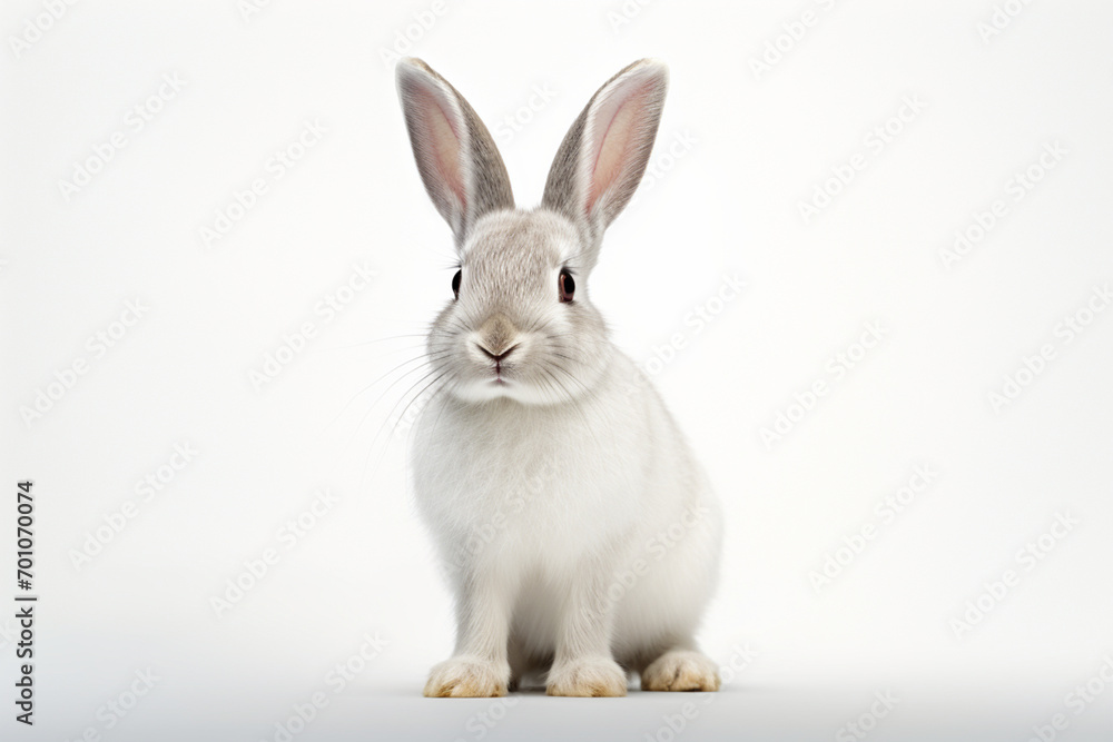 White Rabbit sitting up on a white background. Animal front portrait. White Rabbit sitting up on a white background. Animal front portrait.
