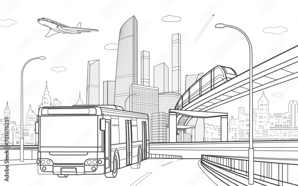 Outline city illustration. Bus moving on highway. Railroad bridge. Car overpass. Train rides. City Infrastructure and transport image. Urban scene. Vector design art. Gray lines on white background