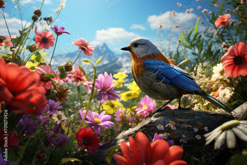 A vibrant spring meadow, bursting with blossoming flowers and the cheerful melodies of returning birds. Concept of nature's rebirth. Generative Ai.